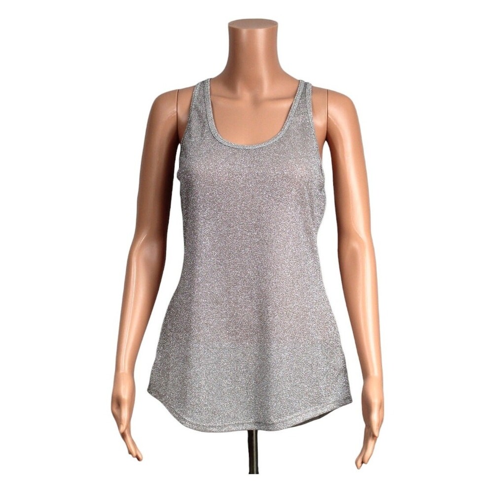 Studio Y Medium Silver Metallic Polyester Spandex Tank Top Criss-Cross Back